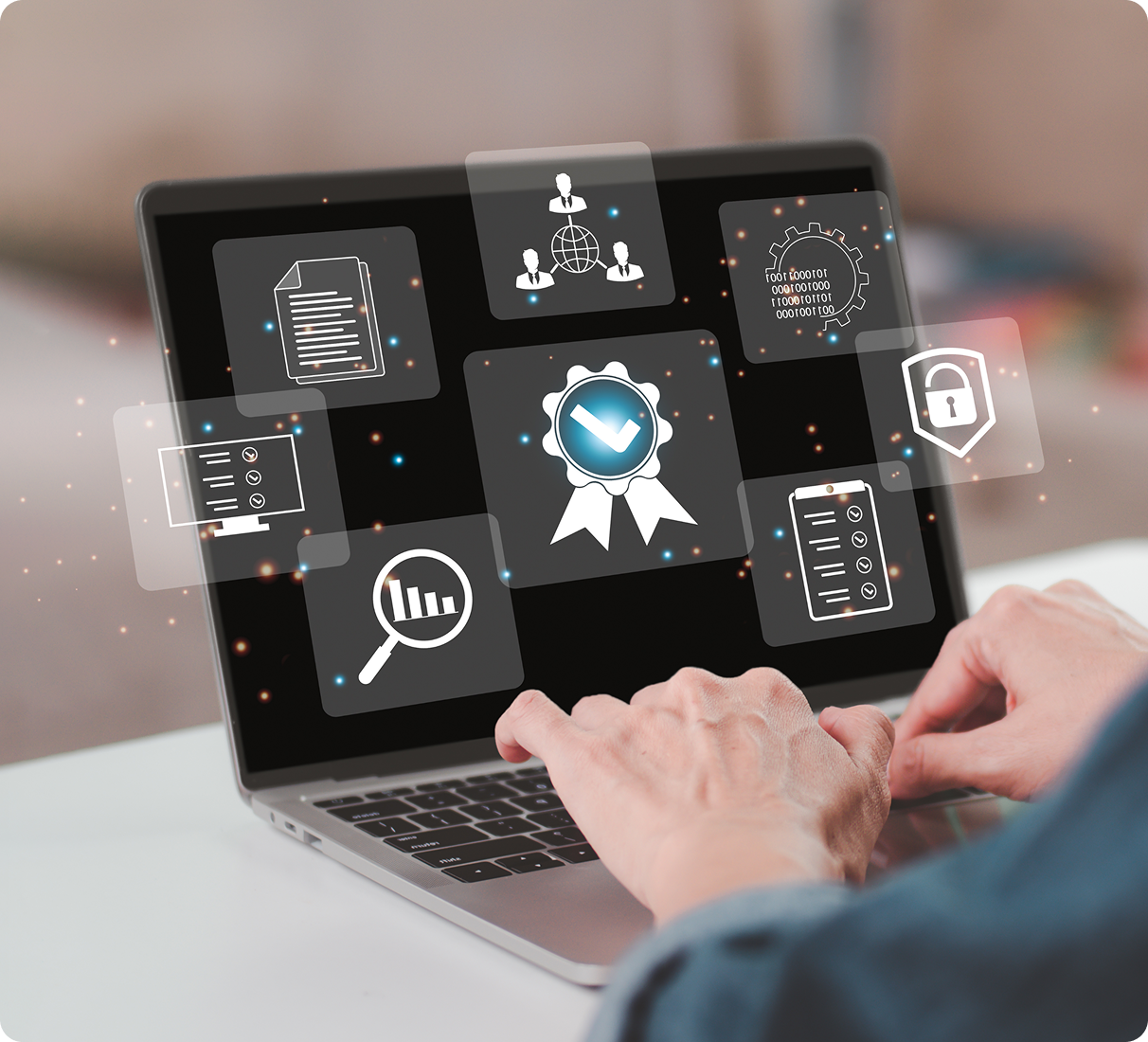 Person using laptop with holographic tech graphics