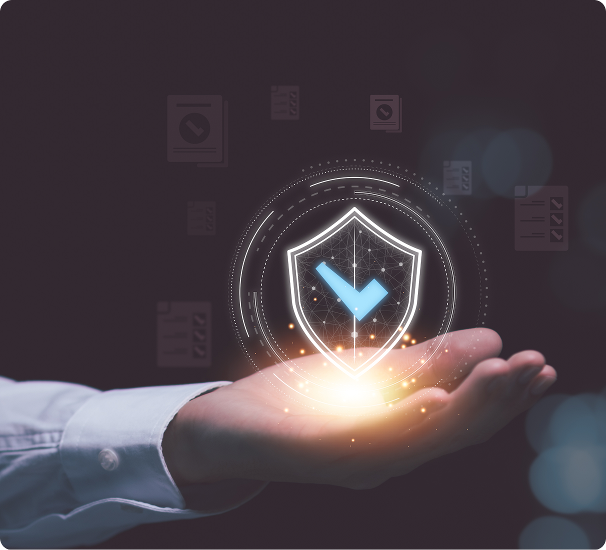 Hand holding digital security shield hologram