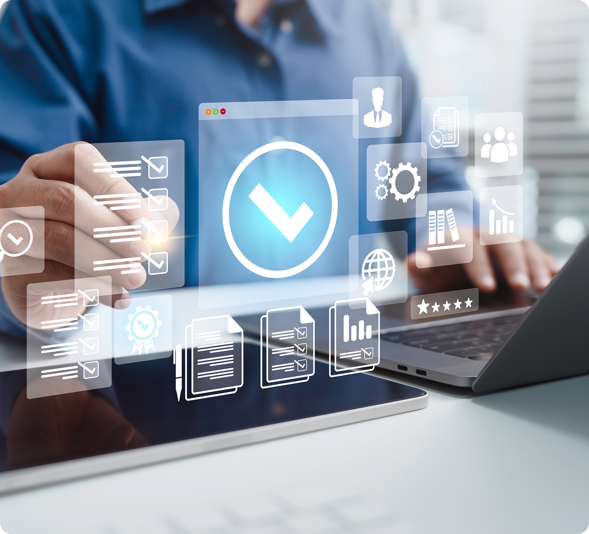 Businessman interacting with virtual technology interface