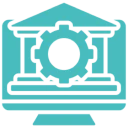 Computer screen with gear and building icon