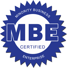 MBE Certified Minority Business Enterprise logo in blue.