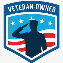 Veteran-owned business emblem with saluting soldier and stars.